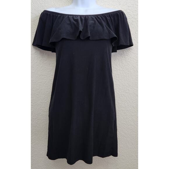 Derek Heart Black Off The Shoulder Ruffled Top Small Stretchy Soft Lightweight - Picture 1 of 4